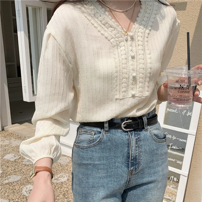 Cotton Long Sleeve Women\'s Blouse Office Lady Elegant White Tops V-neck Casual Lantern Sleeve Shirt