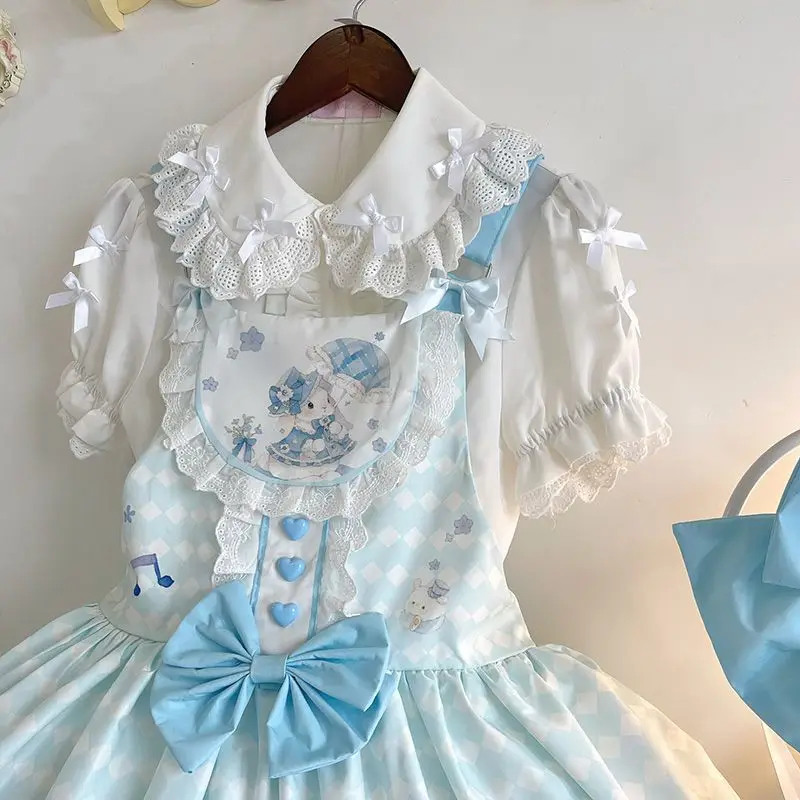 Fairy Tale Lolita JSK 3-Piece Set - Blue White Print Lace Bow Headpiece Tail, Tea Party Kawaii Outfit