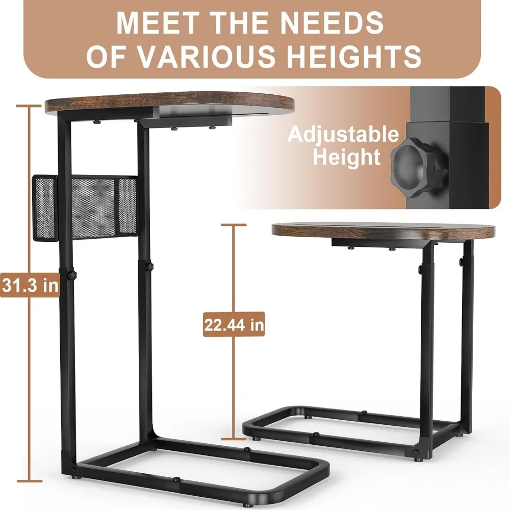 Adjustable Sofa Table with Large Top and Storage, Strong Metal Frame for TV Watching, Meals, Snacks (Oval, Brown)