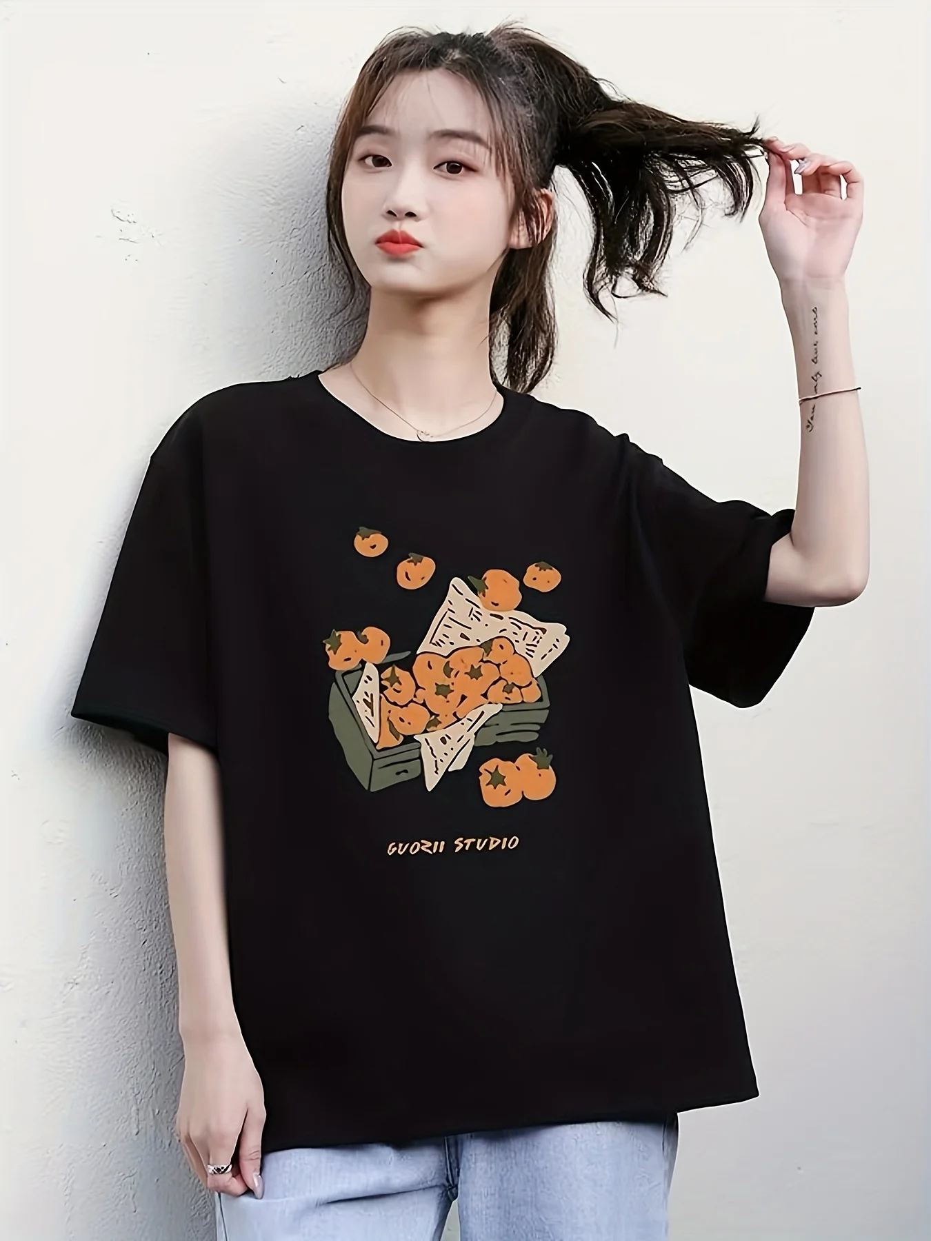 

Black Short Sleeved for Women with Orange Print Versatile and Chic Top Summer Short Sleeved Harajuku Streetwear Tops Tees