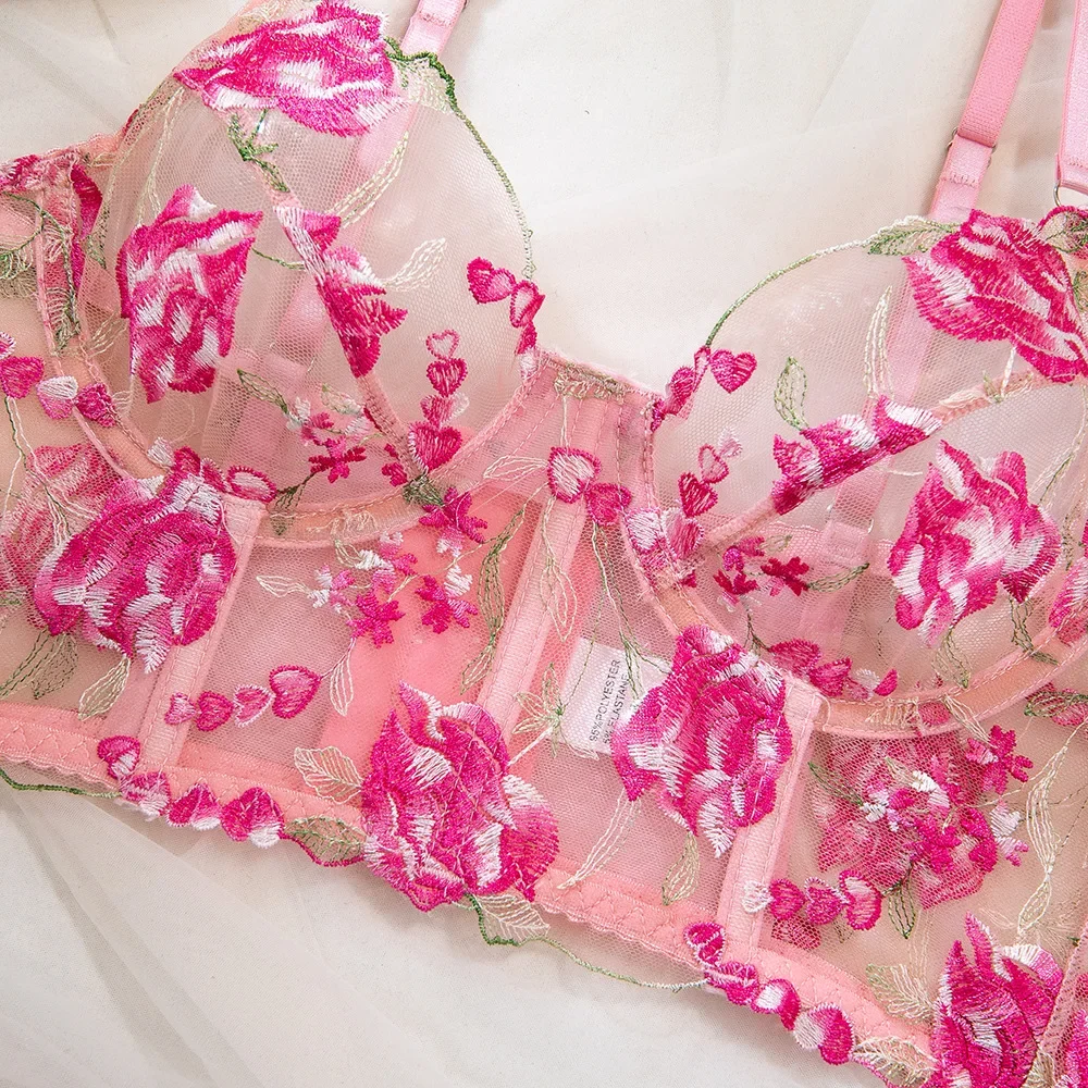 Ricamo floreale sottile rosa vedere attraverso il reggiseno con ferretto mutandine a vita alta Set biancheria intima Sexy da donna Set erotico