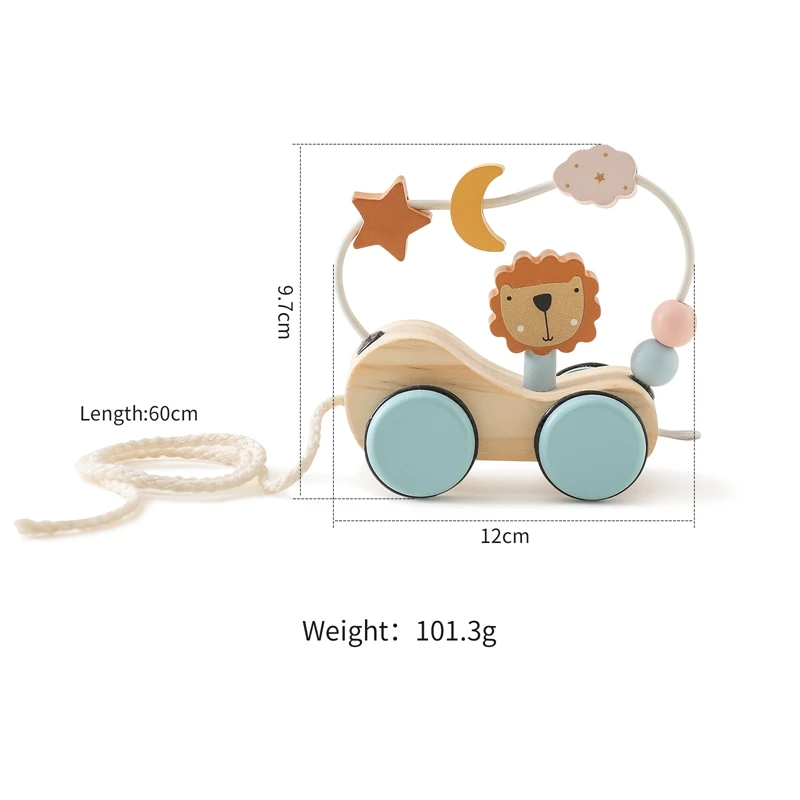 Wooden Baby Trailer Car Toys Beech Wooden Dinosaur Lion Tractor Car Star Moon Slider Beads Montessori Toys For Children Toys