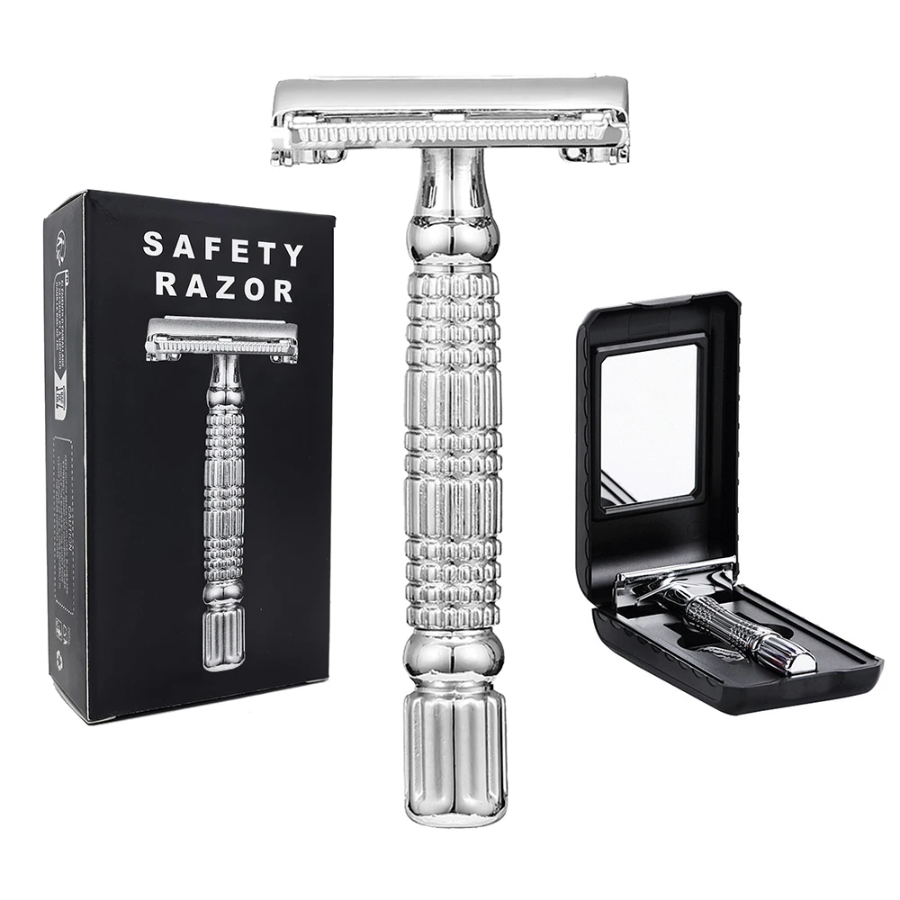 Butterfly Open TTO Double Edge Metal Safety Razor Wet Shaving Kit for Men Women with 5 PCS Blade and Mirrored Travel Case