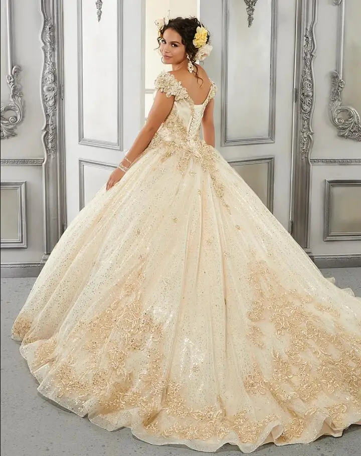 Robe de Quinceanera Bouffante Dorée Chamapgne, Appliques Florales 3D, Corset à Lacets, Éducatif