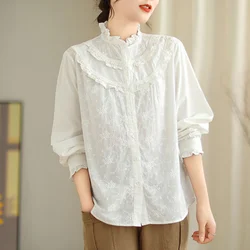 Women's elegant blouse mori girls royal style lstringy selvedge lace embroider white basic shirts woman korean popular clothes