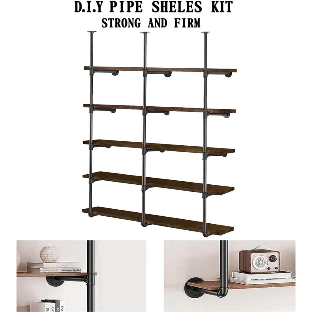 HITOMEN Industrial Iron Pipe Shelves, 3 Set 5-Tier 70.5 Tall 12 Depth, DIY Open Bookshelf Bookcase, Wall Mounted Vintage Retro S