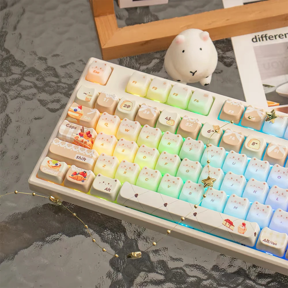 134KEYS MAO Profile Baking Cat Keycaps with Jade-Like Translucent Ceramic Feel PBT+PC Cute for Mechanical Keyboards Key Caps