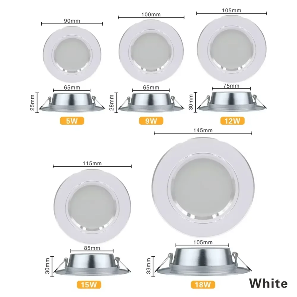 Downlight LED 12V 24V 110V 220V Spot Trzy kolory 5W 9W 12W 15W 18W Wpuszczone w światło sufitowe LED Zimna ciepła biała lampa Szybka dostawa 6-8 dni