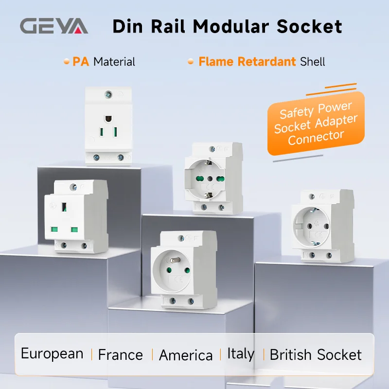 GEYA 16A 220V AC Din Rail Modular Power Socket - 35mm, EU/FR/US/BK/IT, Industrial & Residential Use, Power Supply Adapter Connec