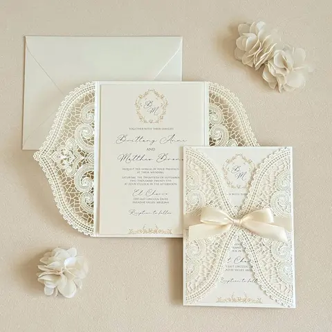 50Sets Muslim White Wedding Invitation Card, Laser Cut Customized Print Bridal Shower Invitations