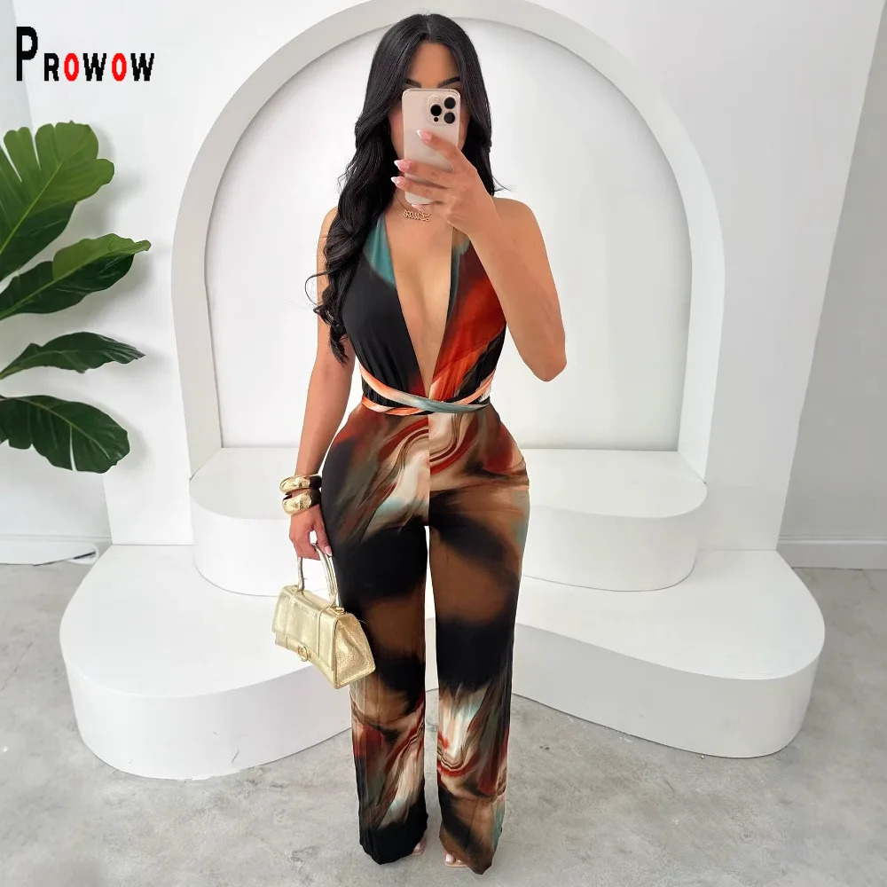 Prowow Sexy Backless Women Jumpsuits Deep V-neck Fashion Trend Print Summer Female Birthday Party Wear One-piece Romper