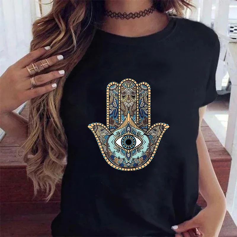 Hamasa mão de fátima impressão camisetas femininas sorte hamsa mão harajuku unissex t camisas verão manga curta preto topo t feminino