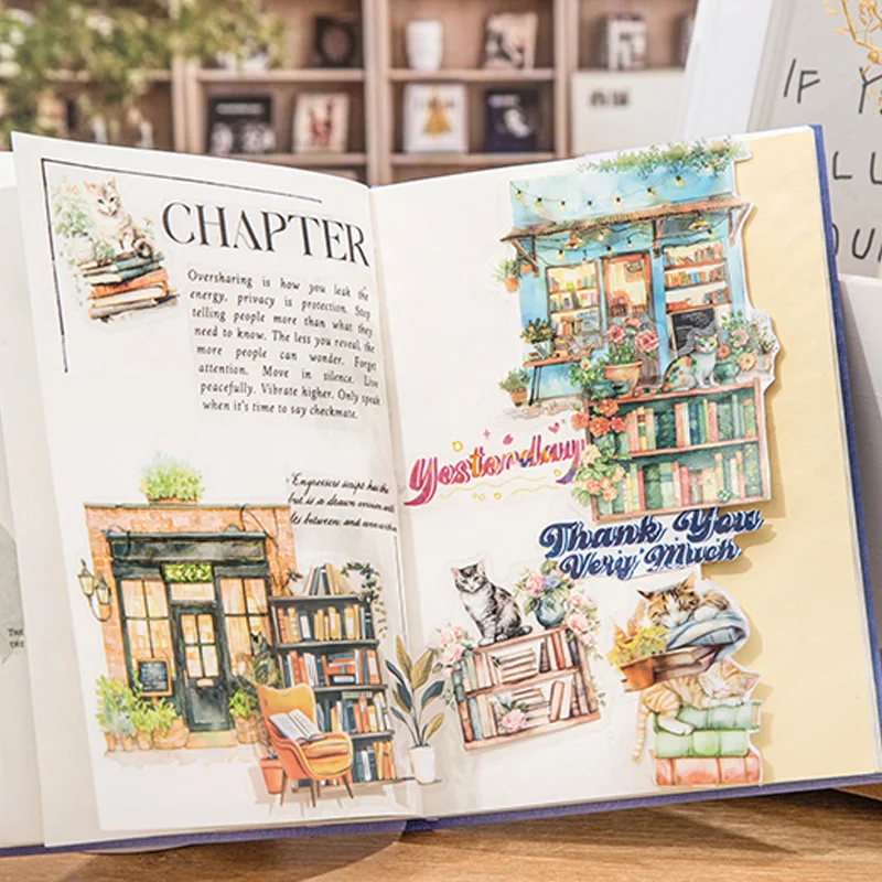 Sticker Pack 15 Sheets/Bag Bookstore Reading Cat Scrapbook Stationery DIY Journal Phone Case Notebook Decoration