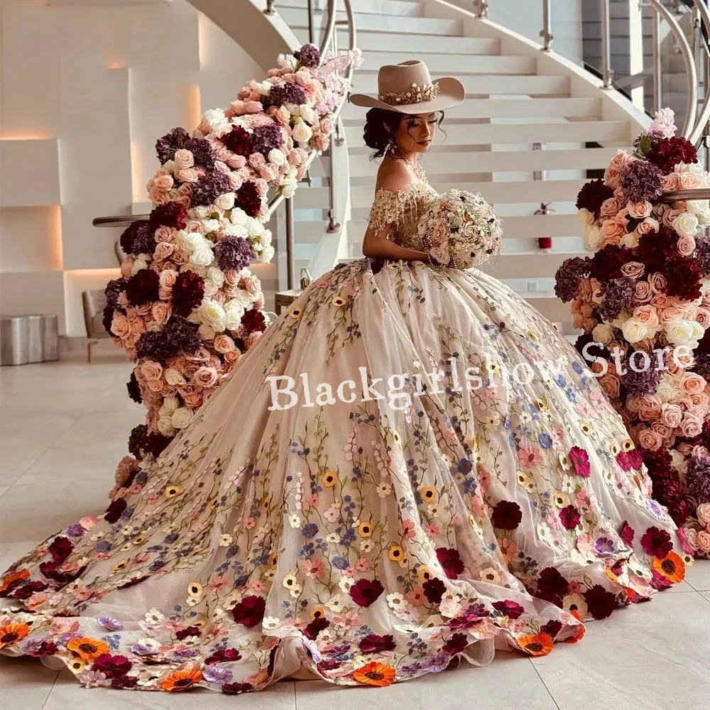 Champagne Ball Gown Quinceanera Dresses Mexico Colorful Floral Appliques Lace 3D Flowers Beads Tull Corset Vestidos De 15 Anos