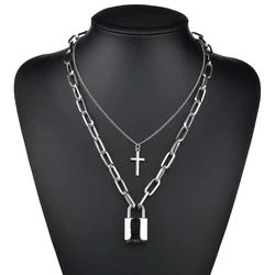 Fashion Chain Link Choker Heart Lock Cross Necklace Pendant For Women Men Silver Color Goth Jewelry Party Punk Long Necklaces