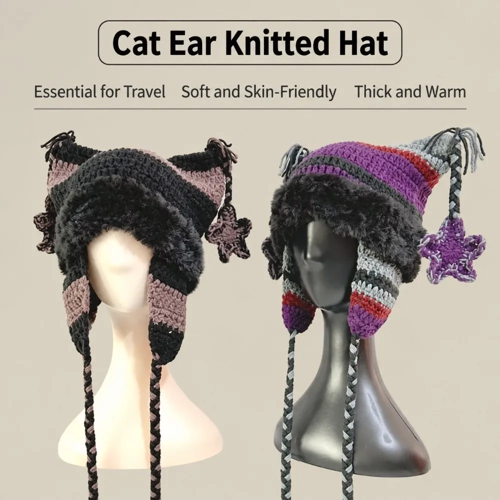 Five-Pointed Star Pendant Knitted Trapper Hat Striped Ear Protection Beanie Hat Pullover Cat Ear Beanie Winter Skullies Beanie