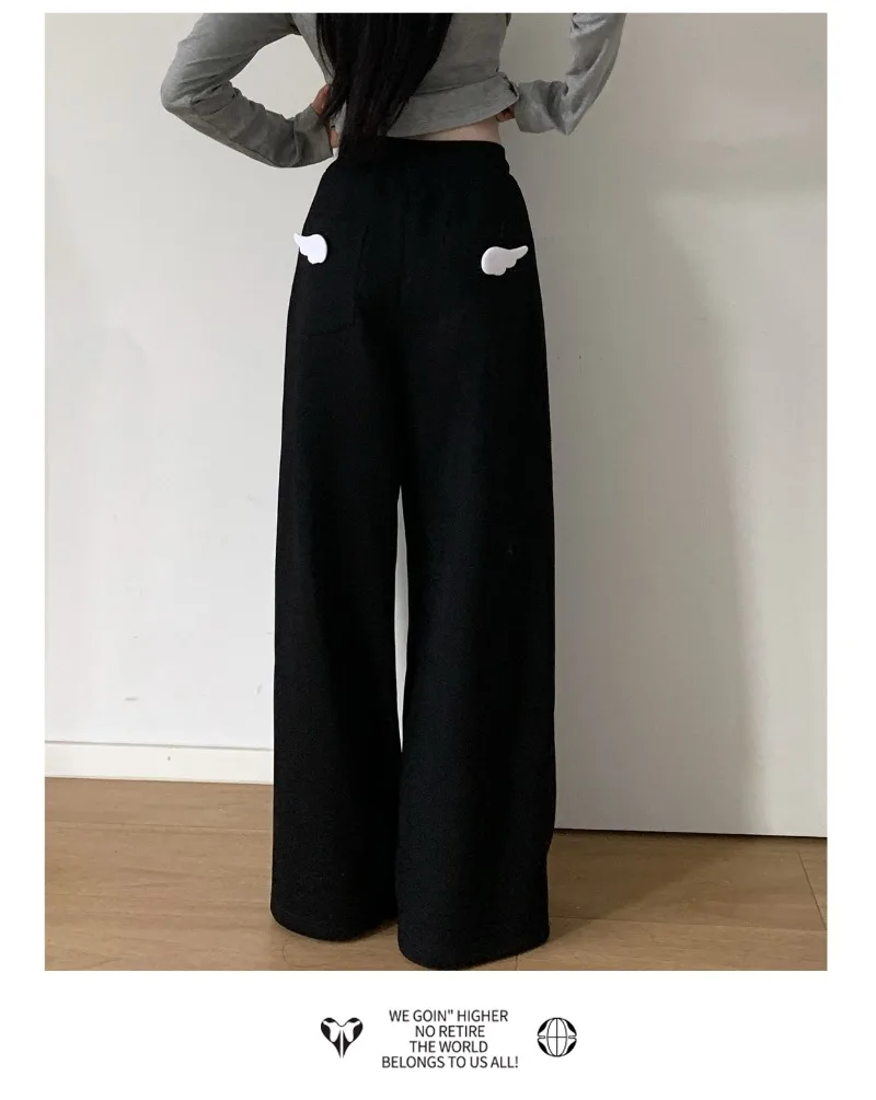 Fashion New Cool Straight Wide-Leg Stretchy Draped Autumn Winter Sweatpants Black Gray Slimming Trousers With Pendant For Ladies