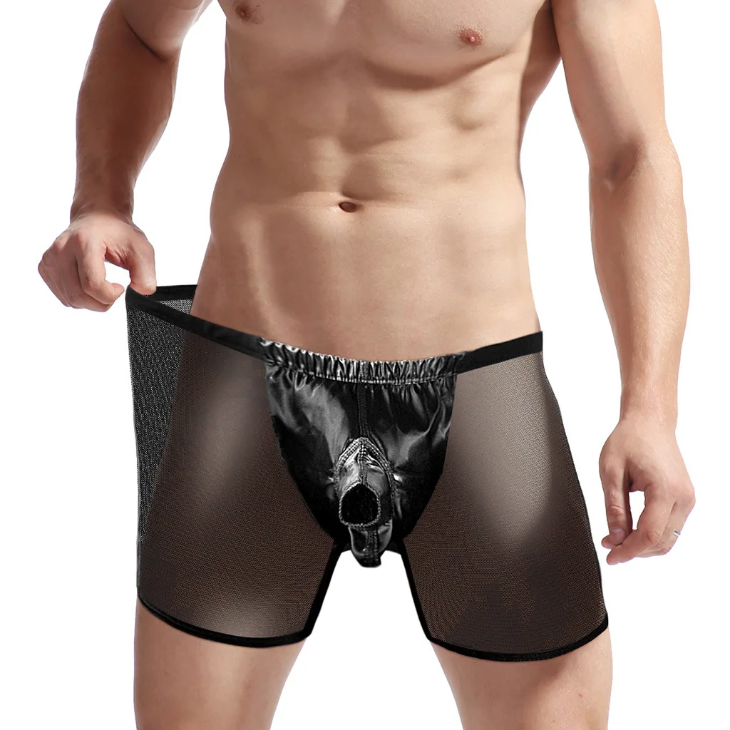 المثيرة ملابس داخلية للرجال مثلي الجنس مثير مفتوح غمد دع جذع فو الجلود شبكة تنفس المرقعة تنفس شفافة سراويل بوكسر #6
