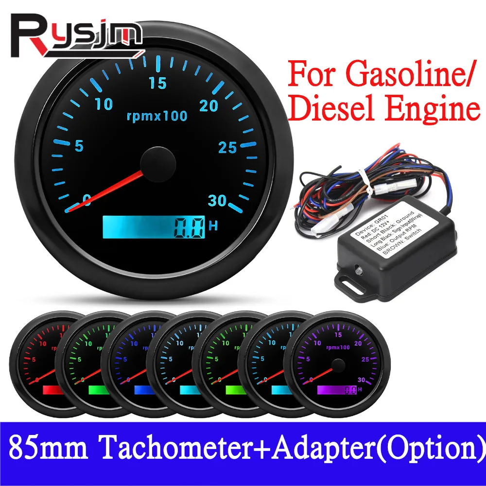 HD 85MM Tachometer with LCD Hour Meter+Adapter(Option) For Marine Boat Car RPM Gauge 3000 6000 7000 8000RPM For Diesel Gasoline