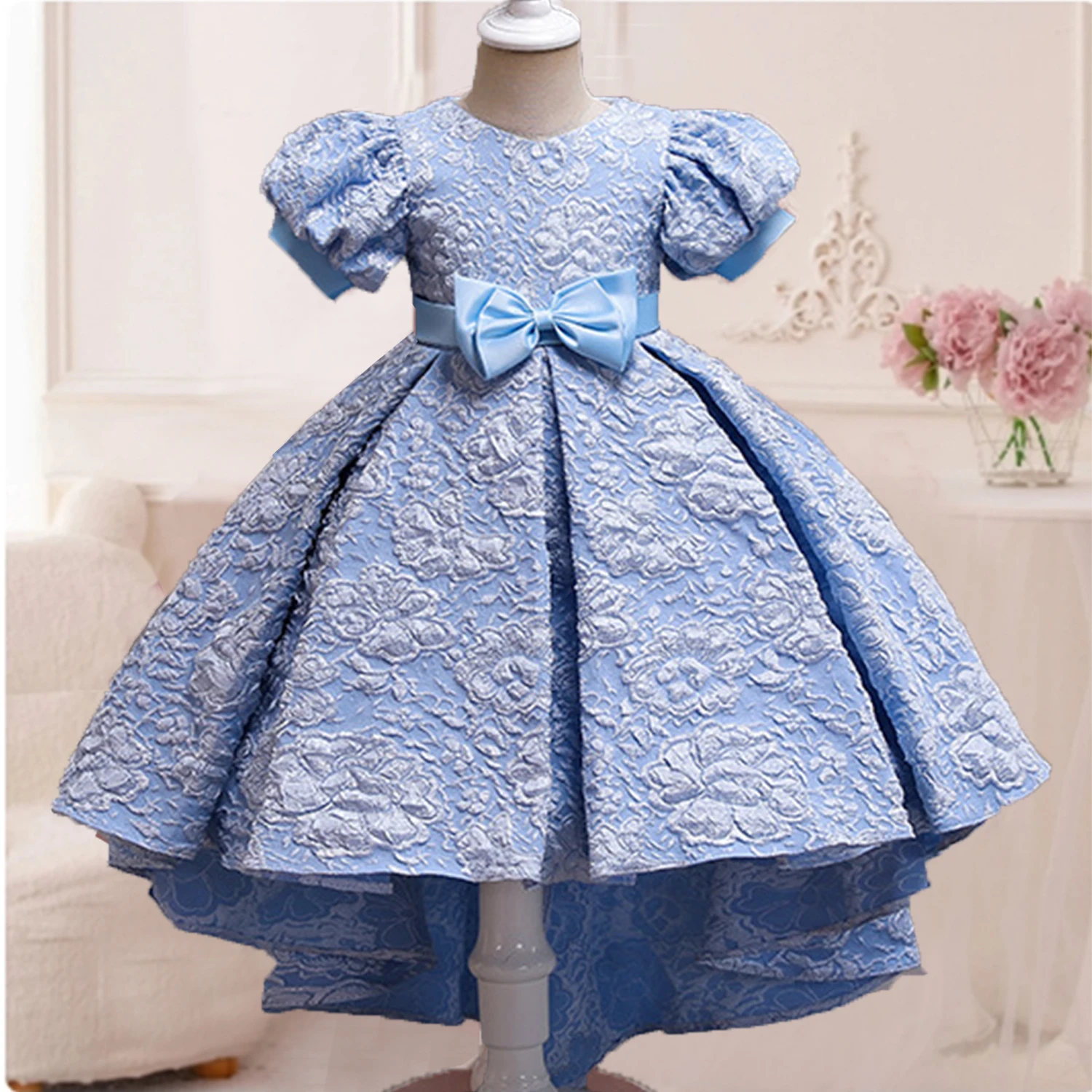 3-10 Years Little Big Girls Puff Sleeves Embroidered Wedding Flower Girl Birthday Party Pageant Formal High-Low Dress