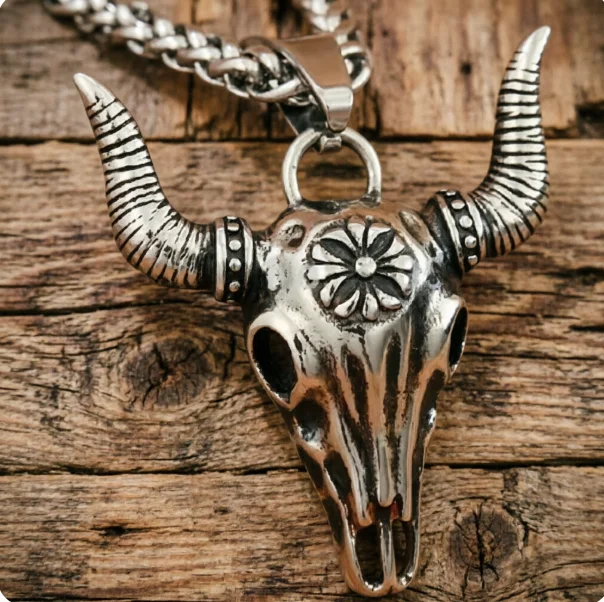 Gothic Totem Bison La Brea Tar Pits Ox Horn Buffalo Bull Head Skull Necklace Goth Jewelry