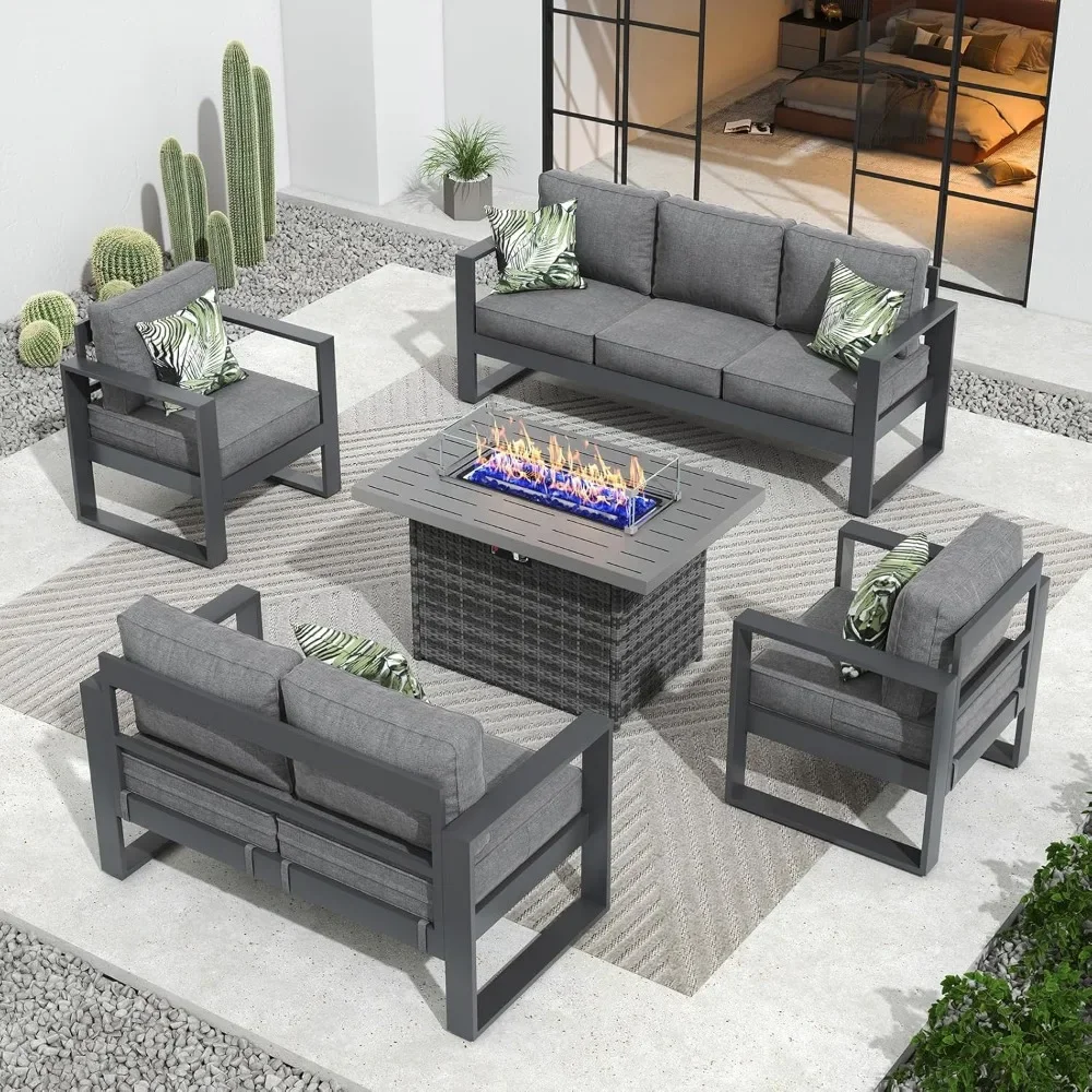 

Outdoor Furniture Set Aluminum with Fire Pit Table - 5 Pieces Modern Patio Conversation Sets Metal Sectional Sofa Set