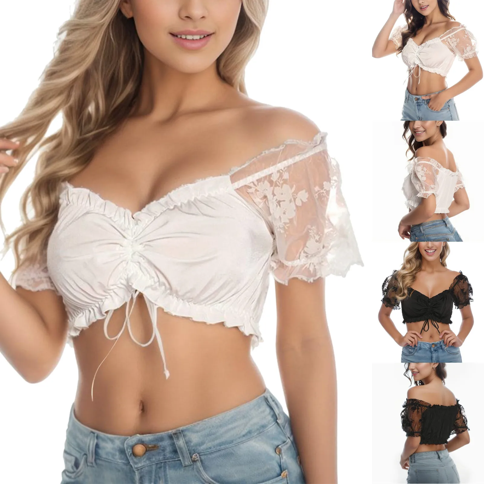 Women Ruffled Lace Vest Short Shirts Elegant Dirndl Blouse For Oktoberfest Bride Lingerie Tops Blouses Solid Color Wrap Crop Top