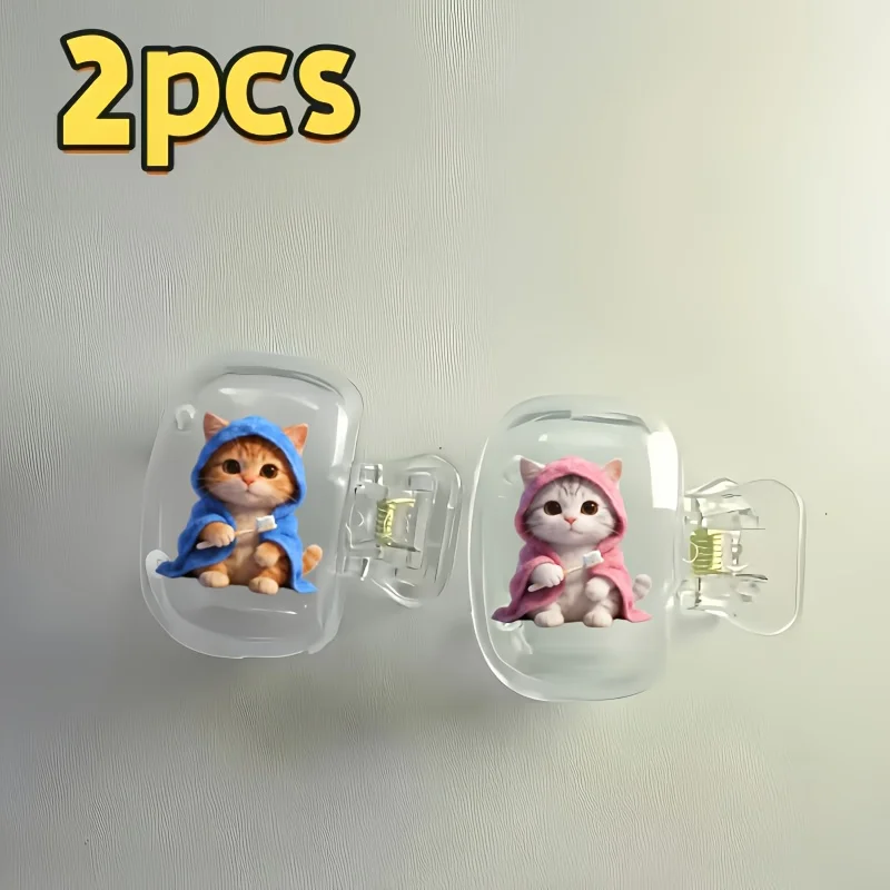 2pcs Silvery Gradient Kittens Wearing Couple Bath Towels Brushing Their Teeth Toothbrush Storage Clip Keep Personal Oral Care