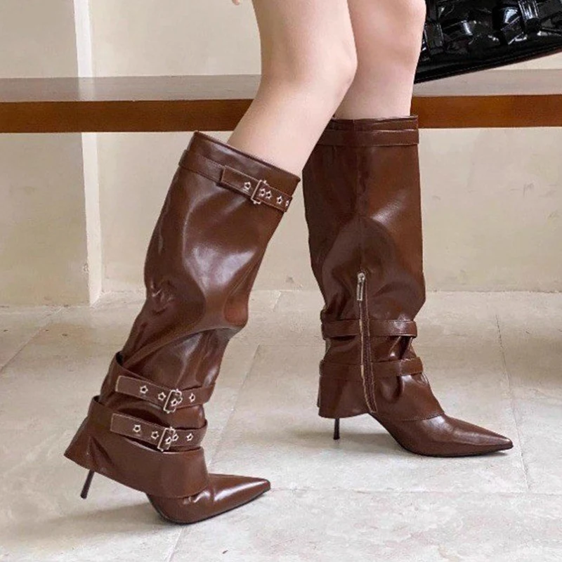 

Сексуальные сапоги до колена, женская обувь на высоком каблуке, вечерние длинные сапоги с острым носком, зима 20225, роскошные брендовые туфли-лодочки с пряжкой, Mujer Botas