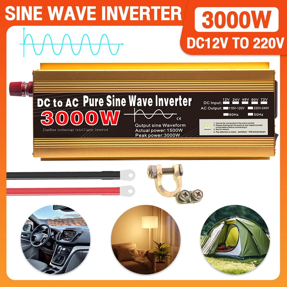 

Pure Sine Wave Inverter 3000W DC 12V to AC 220V Converter Car Charger Sovket 50Hz Power Transformer Solar Inverter Power Bank