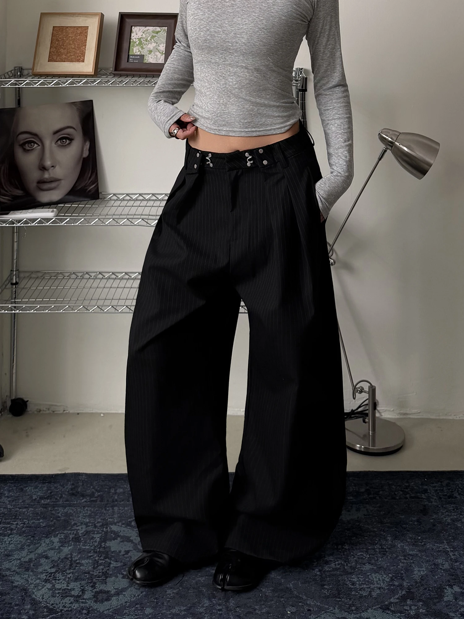 Pantalon décontracté à jambes larges et taille ajustable de style rétro américain pour femmes, à rayures, fluide, confortable, coupe droite