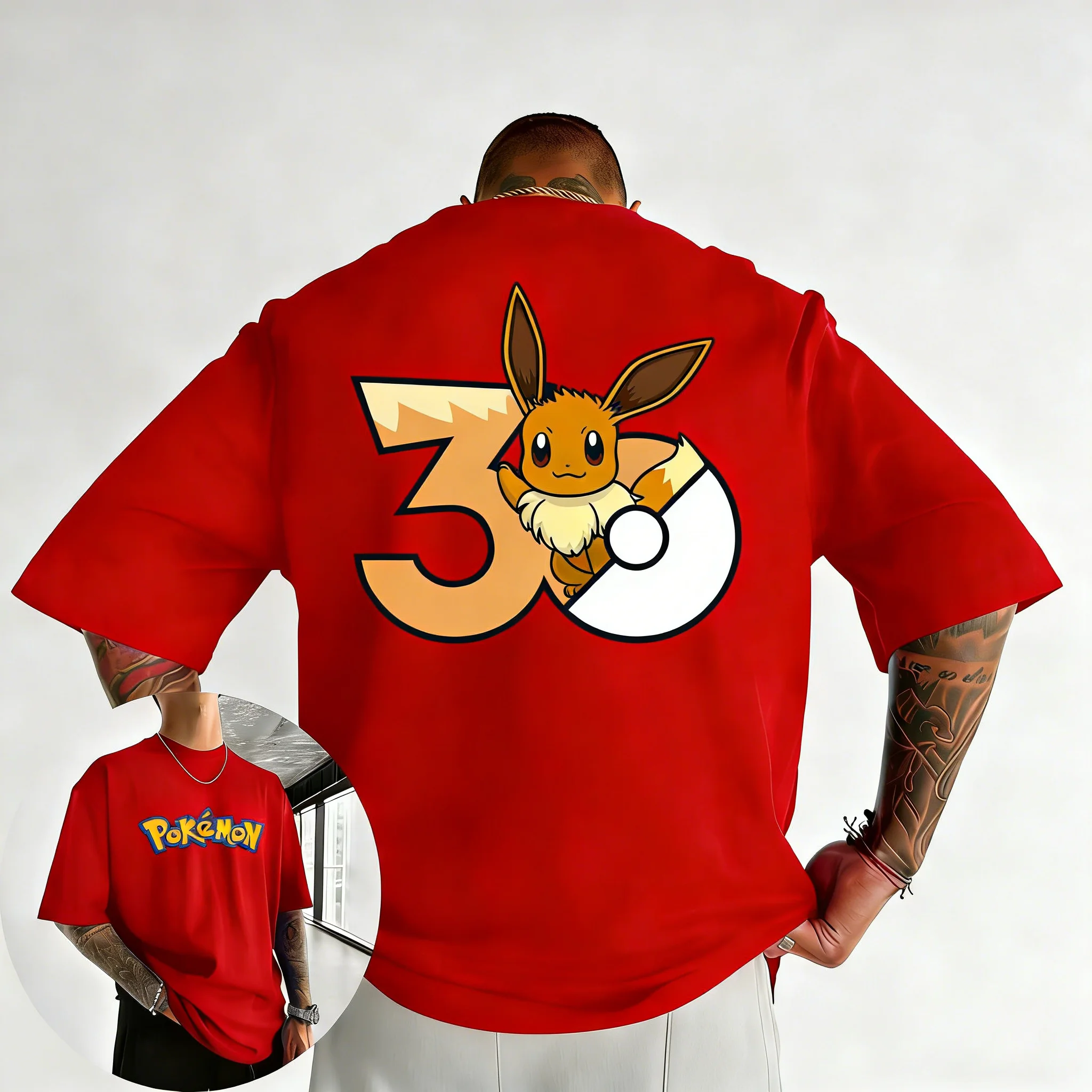 2026 Pokémon 30. Jubiläum Eevee Bedrucktes T-Shirt Sommer Neu Herren und Damen Trendiges Großes Lockeres Lässiges Y2K Kurzarm-Oberteil – Detail 10