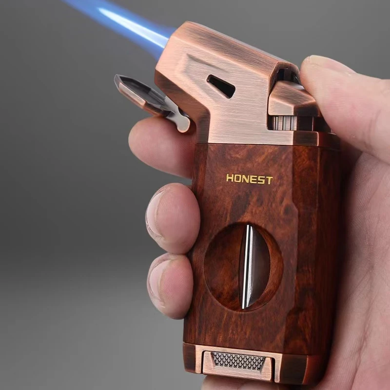 2024 Vintage Cut Combo Deluxe Cigar Torch Lighter with V-Cut Windproof Jet Flame Butane Lighter Men's Gift