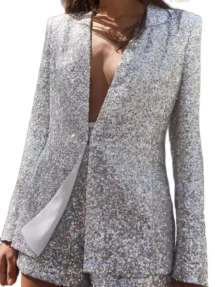 2025 Fashion Women Luxury Long Sleeve Bright Sequin Glitter V-neck Suit Outwear Lady Elegant Sparkle Slim Fit Silver Party Coat