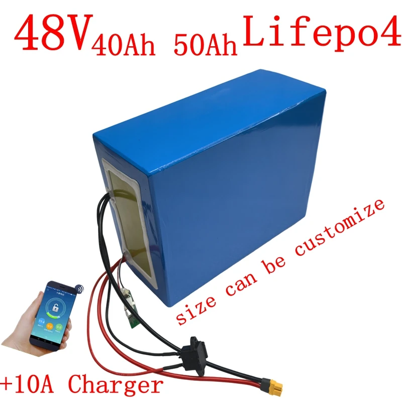 

48v Batterie au lithium Lifepo4, 48V, 50Ah, 40Ah, Bluetooth BMS, 16S, 2000W, pour scooter, vélo, tricycle, bateau, Go Cart, char