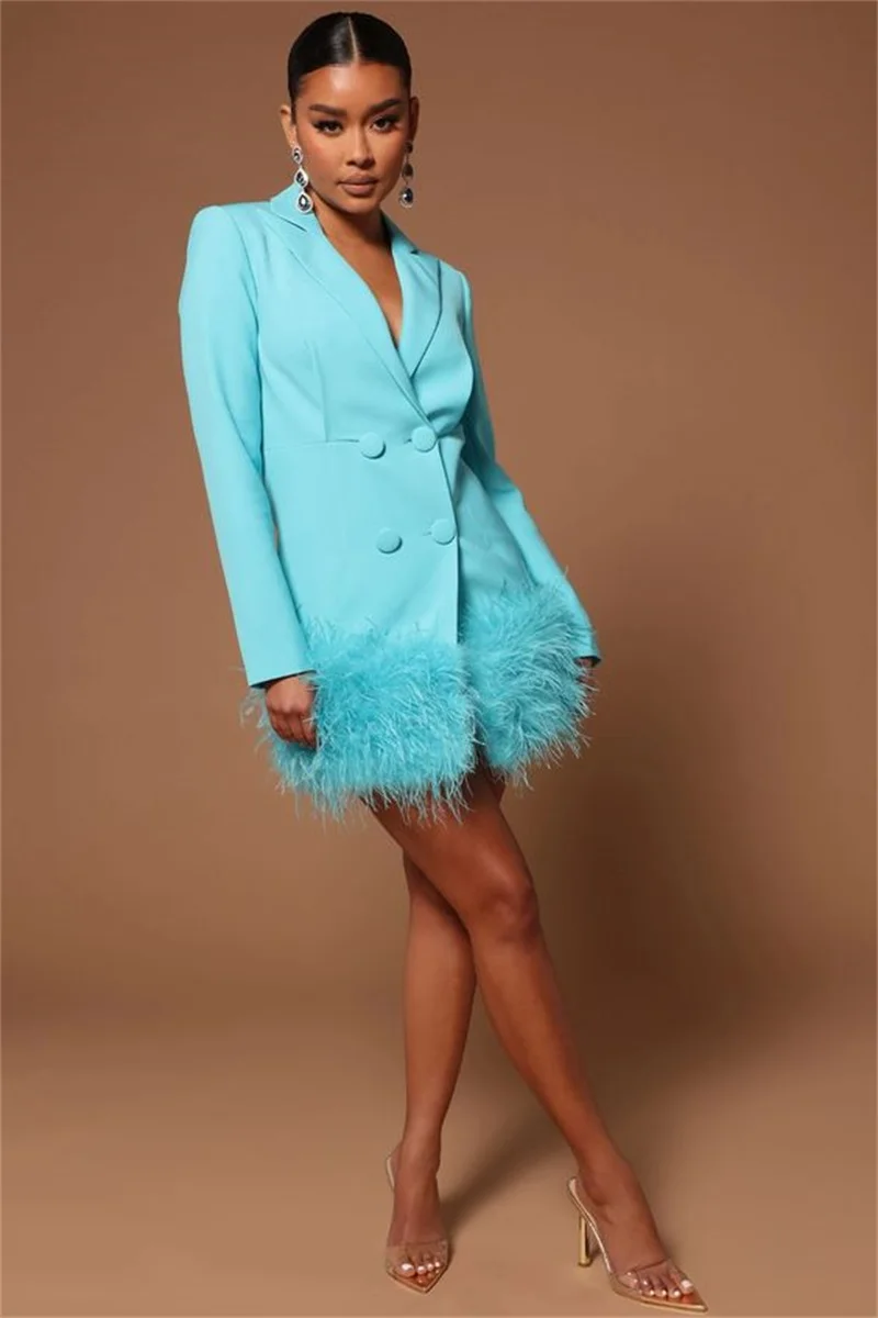 Ostrich Feather Women Suits Prom Dress Formal Royal Blue Sexy V Neck Blazer Jacket Tailored Fashion Party Женский костюм