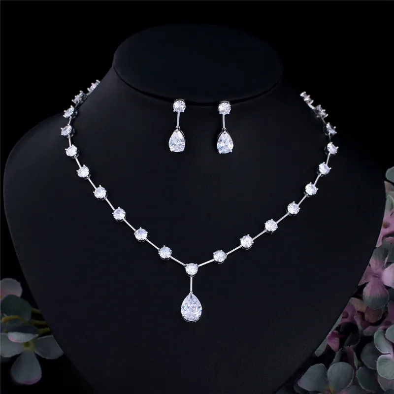 CC Trendy Necklace Stud Earrings Sets for Women Wedding Events Bridal Dress Engagement Water Drop Shape Jewelry Set 2 PCS T0320