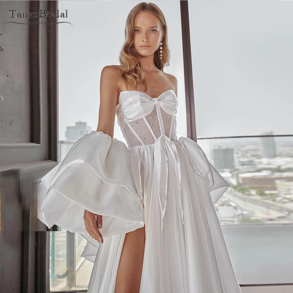 

Блестящие атласные свадебные накидки из органзы с пышными рукавами, длинным шлейфом, новая элегантная свадебная куртка DJ262