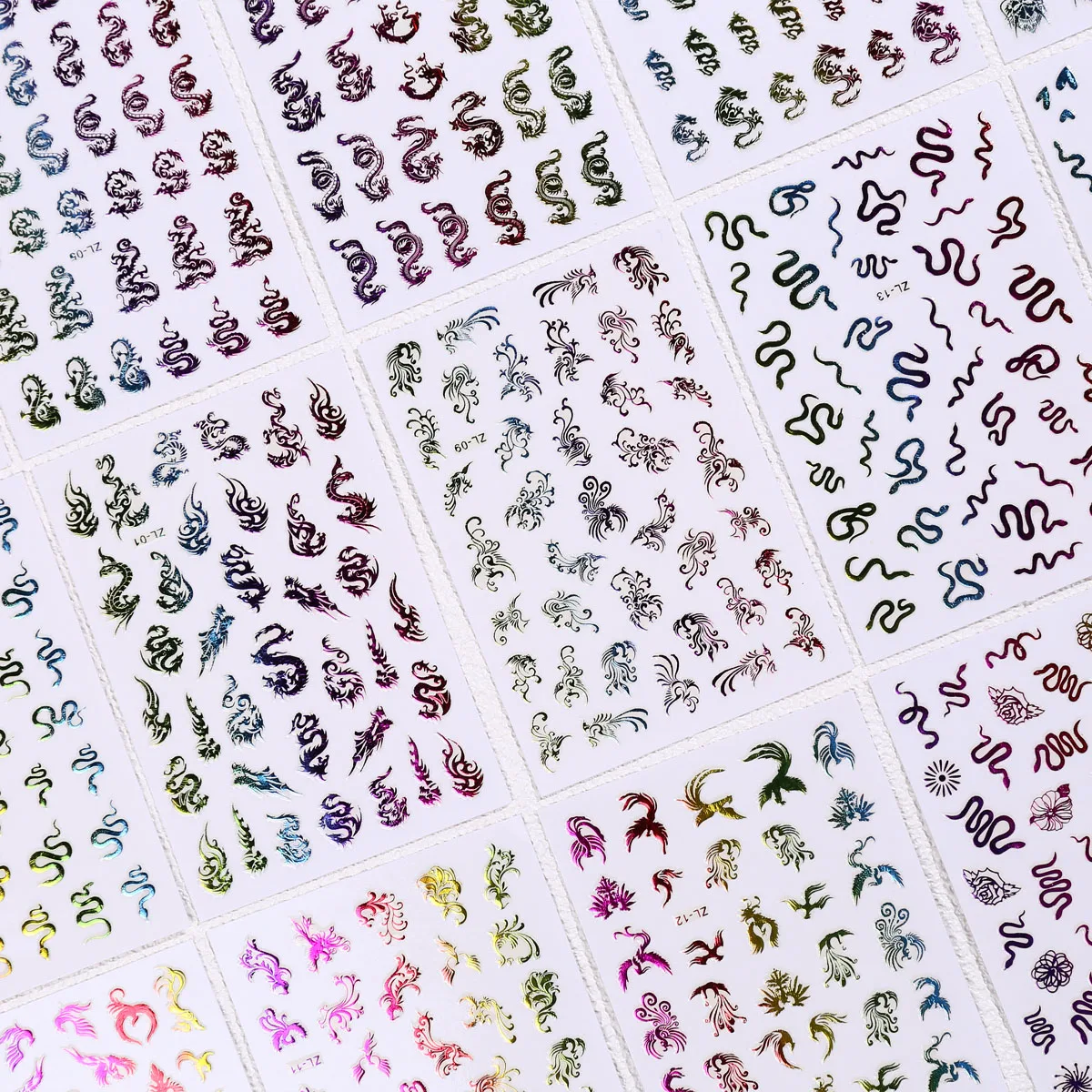 3 szt. Nowe luksusowe naklejki na paznokcie 3D z chińskim smokiem, kawaii różowo-niebieskie brokatowe samoprzylepne naklejki transferowe do zdobienia paznokci