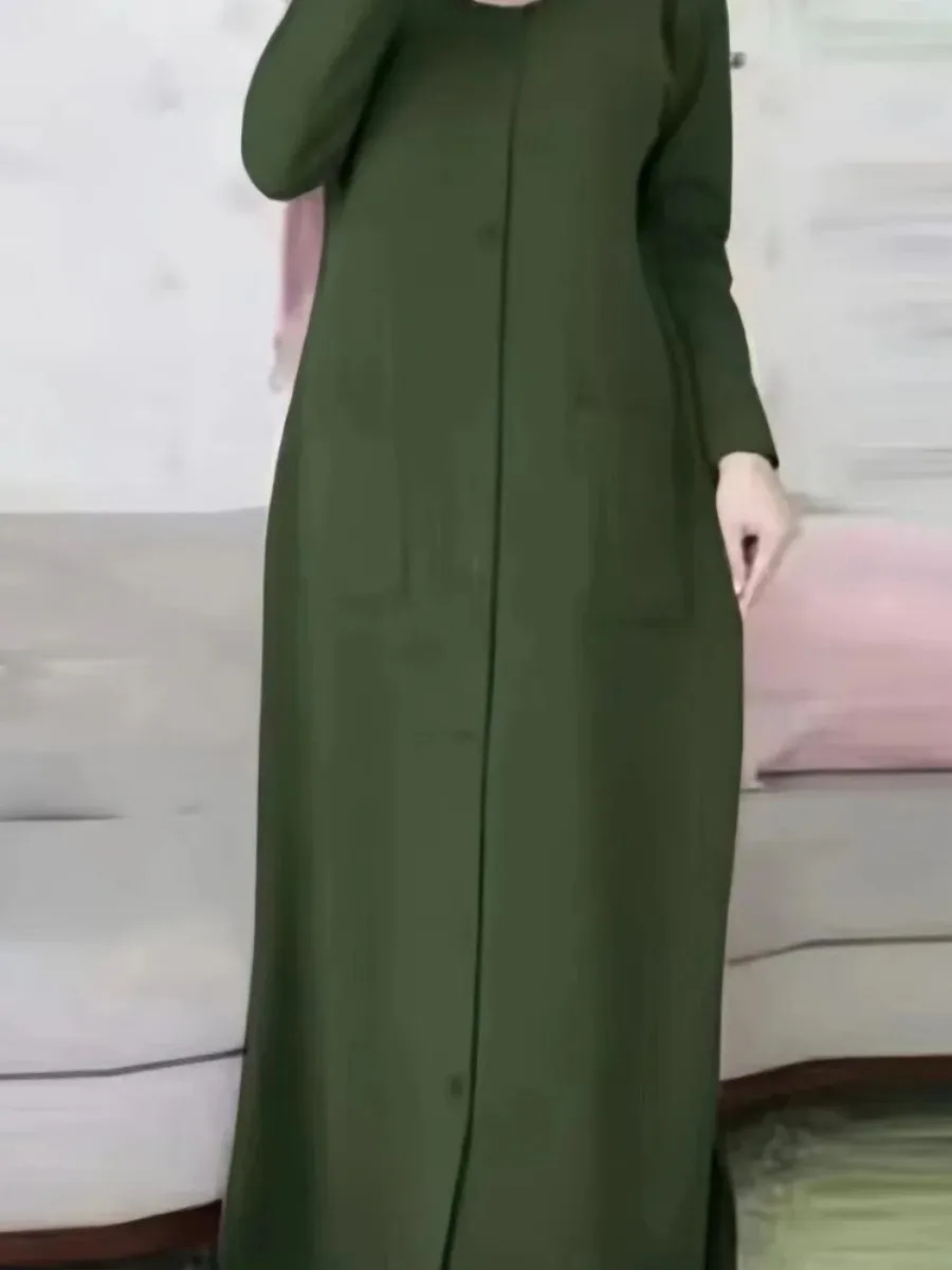 Ramadan Women Eid Muslim Dress Modest Pockets Morocco Party Dresses Dubai Single Breasted Button Vestidos Long Robe Abaya 2024