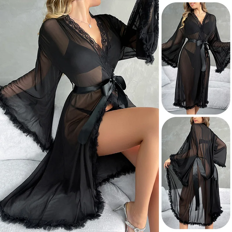 

Elegant Female Black Mesh Robe Home Dress Chinese Style Kimono Bathrobe Sexy Sleepwear Loose Loungewear