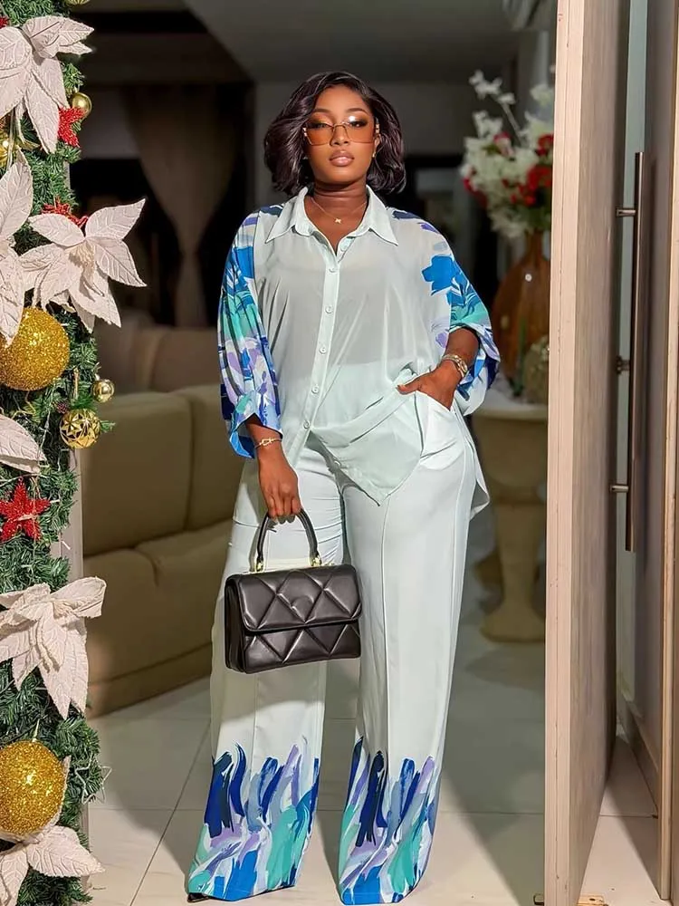 

2 Piece Set Female Clothing Spring Casual Long Sleeve Thin Shirt and Straight Flare Pant Women Elegant Pants Set To African