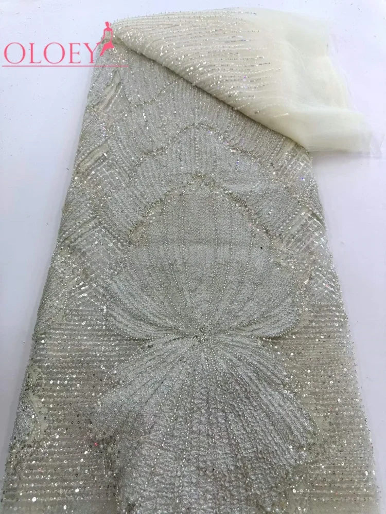 

OLOEY African Lace Fabric High Quality French 3D Flower Sequins Nigerian Embroidery Beads Tulle for Party Dress Making