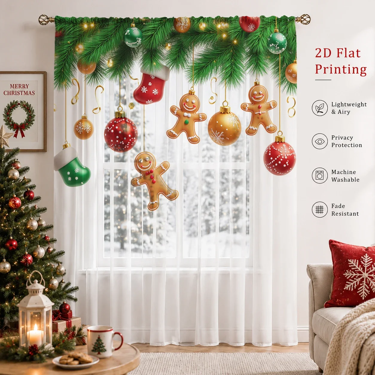 Christmas Gradient Print Sheer Curtain, Mother's Day 70% Light Filtering Privacy Sheer Curtain for Living Room Bedroom Stud