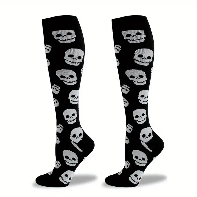 1pair Men\'s Halloween Compression Long Socks, Skull Pattern Socks, Comfy Breathable Casual Socks