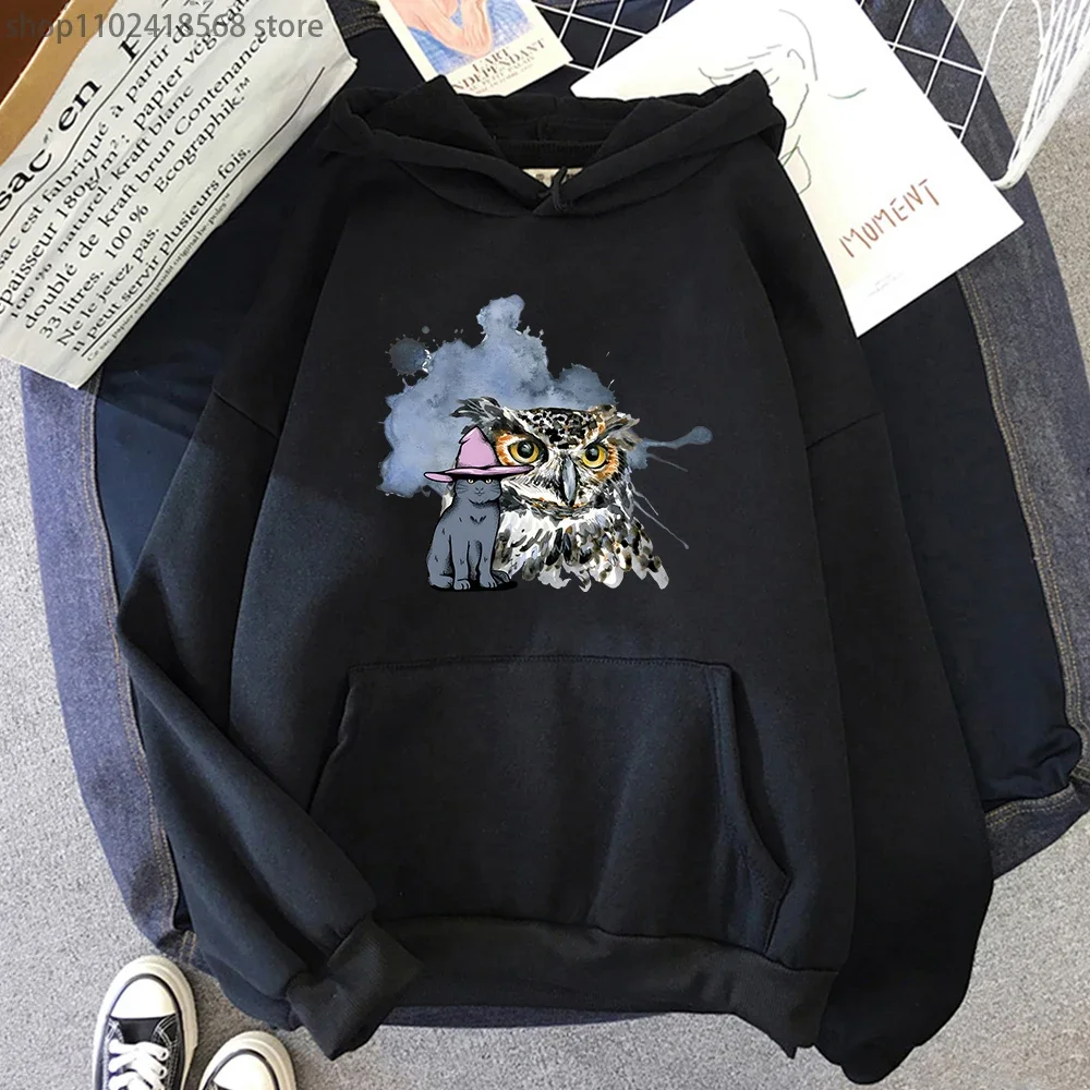 

Cartoon animal Hoodie Fantastic A Cat and An Owl Graphic Sweatshirt Men Tops Streetwear Women Y2k Clothes Long Sleeve Pullovers