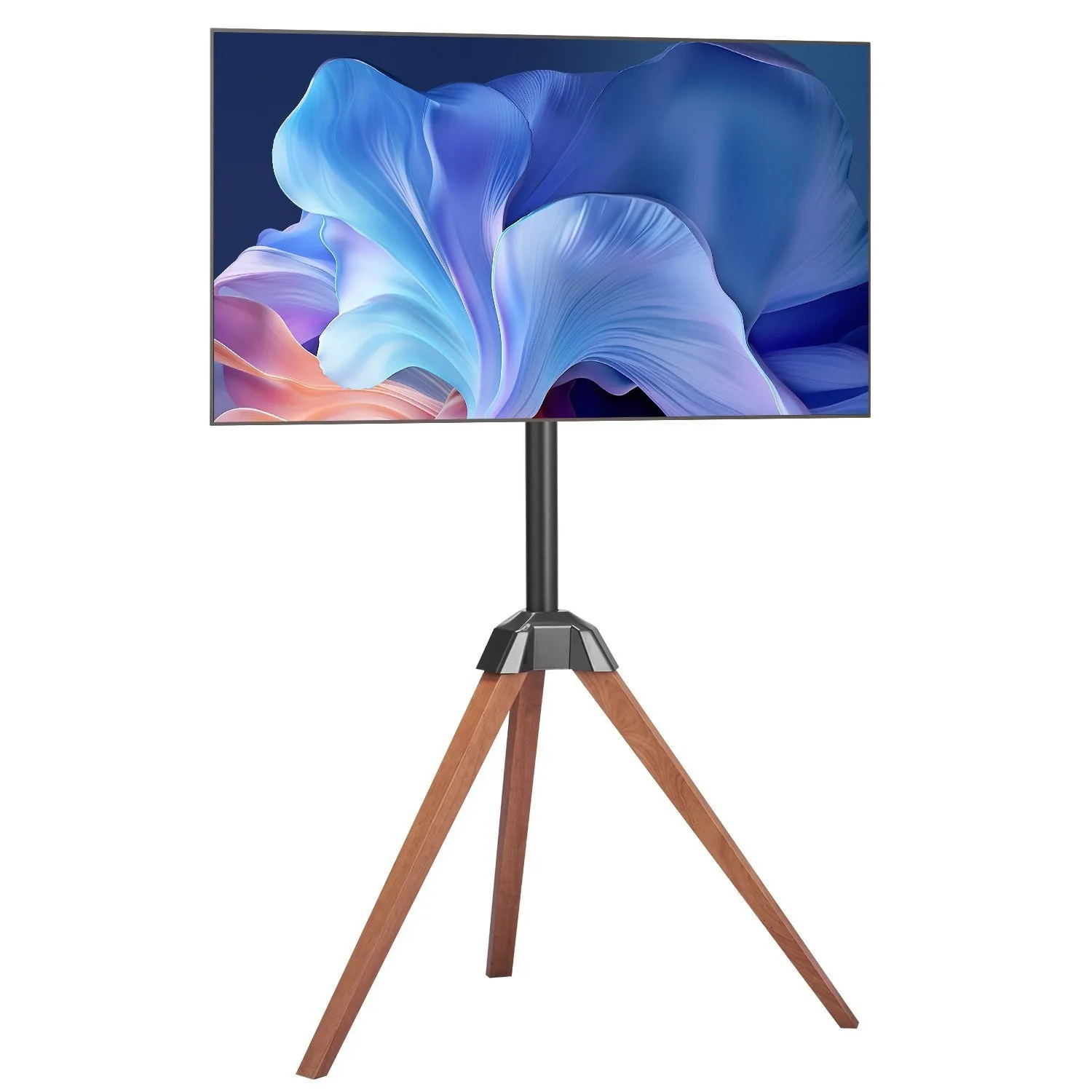 Tripod TV stand with wooden legs, 99 lb load capacity, suitable for 40-65 inch screens, ideal for living rooms. view 2