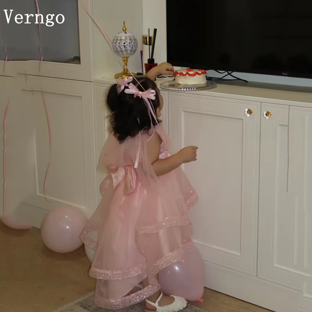 

Розовое мини-платье Verngo из органзы с пайетками для девочек, с высоким воротом, А-силуэт, для дня рождения, многоярусное, детское выпускное платье, на заказ