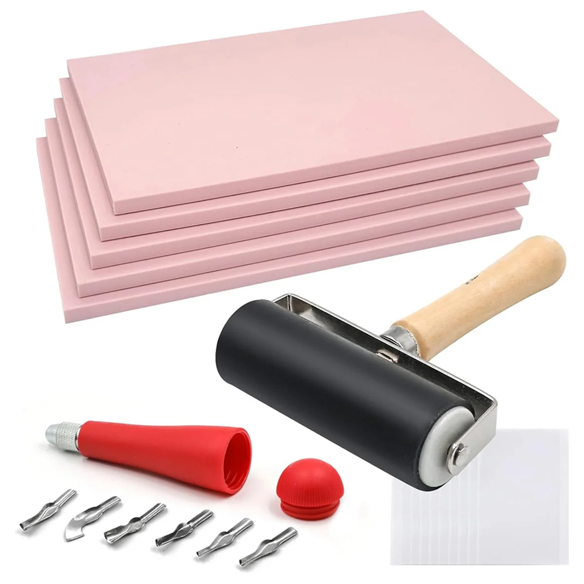 

A79G 5 Pack 4x6 Pale Pink Rubber Stamp Carving Blocks Linoleum Block with Linoleum Cutter and Rubber Brayer Roller