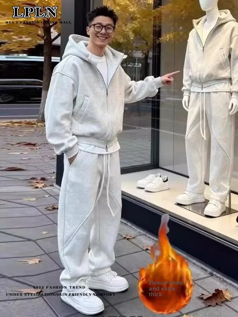 

Thiened Fce мужские зимние куртки с капюшоном, свободные прямые повседневные спортивные брюки, комплект из двух предметов, удобная дышащая толстовка